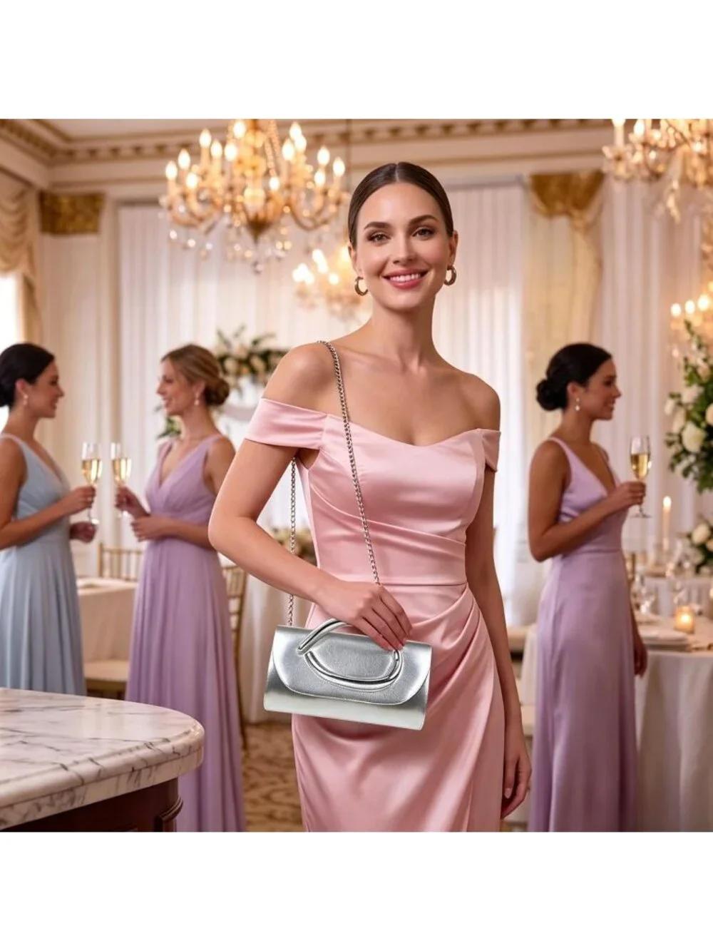 👜 Women's Silver Vegan Leather Evening Bag Formal Elegant Trendy Wedding Clutch